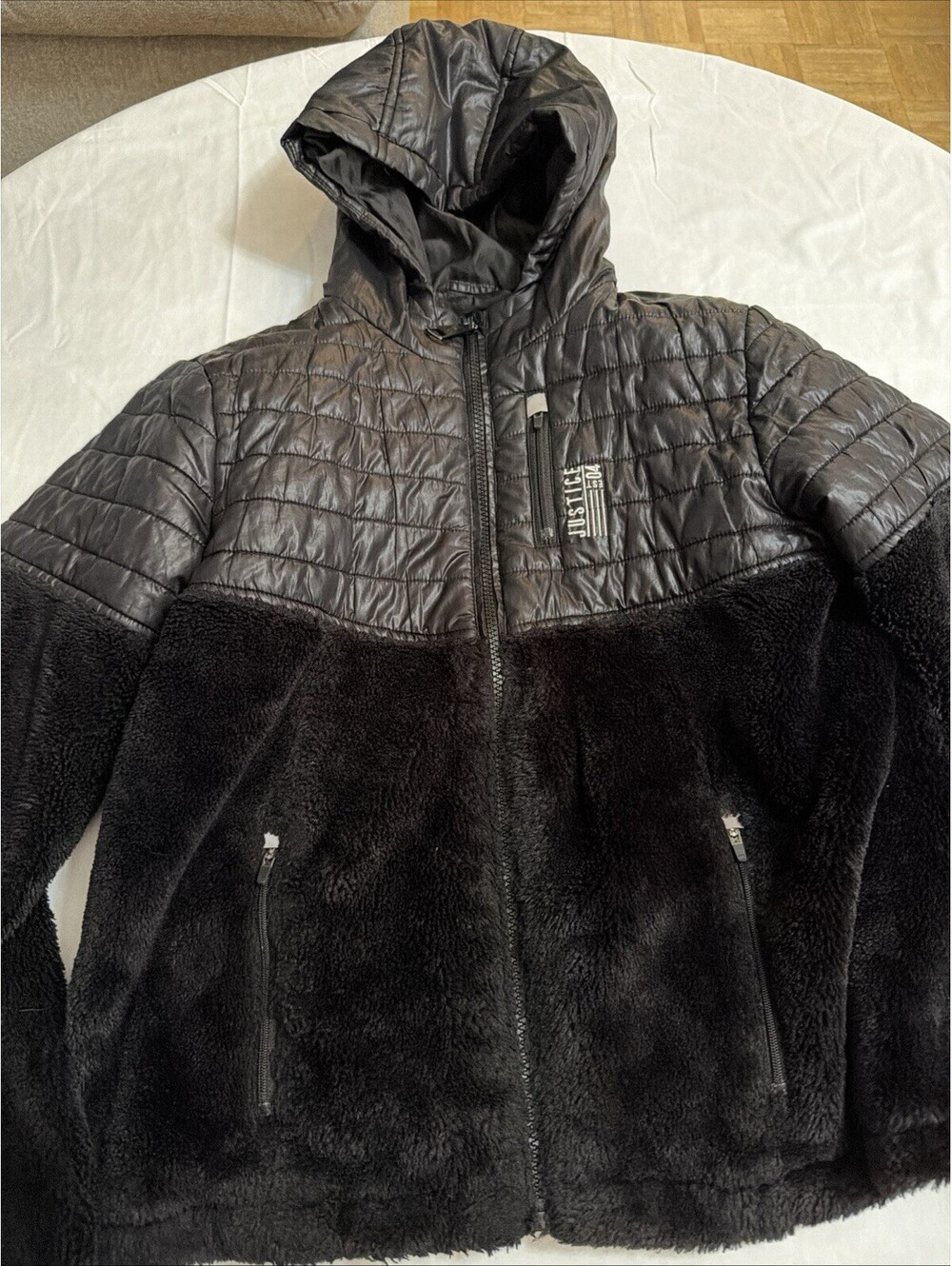 Justice Girls Black Puffer Jacket Faux Fur Sleeves Hooded Zip Size 14 P Logo EUC
